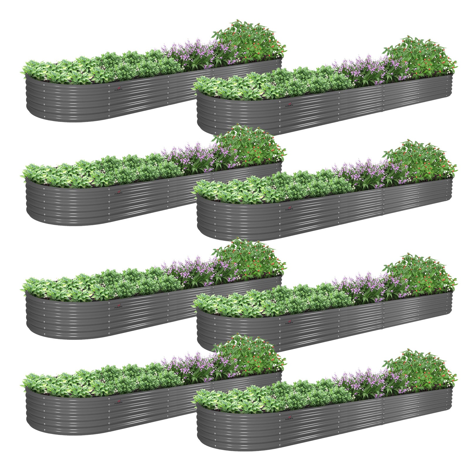 Set of 8: 12x3x1.5ft Oval Modular Metal Raised Garden Bed (Quartz Gray)