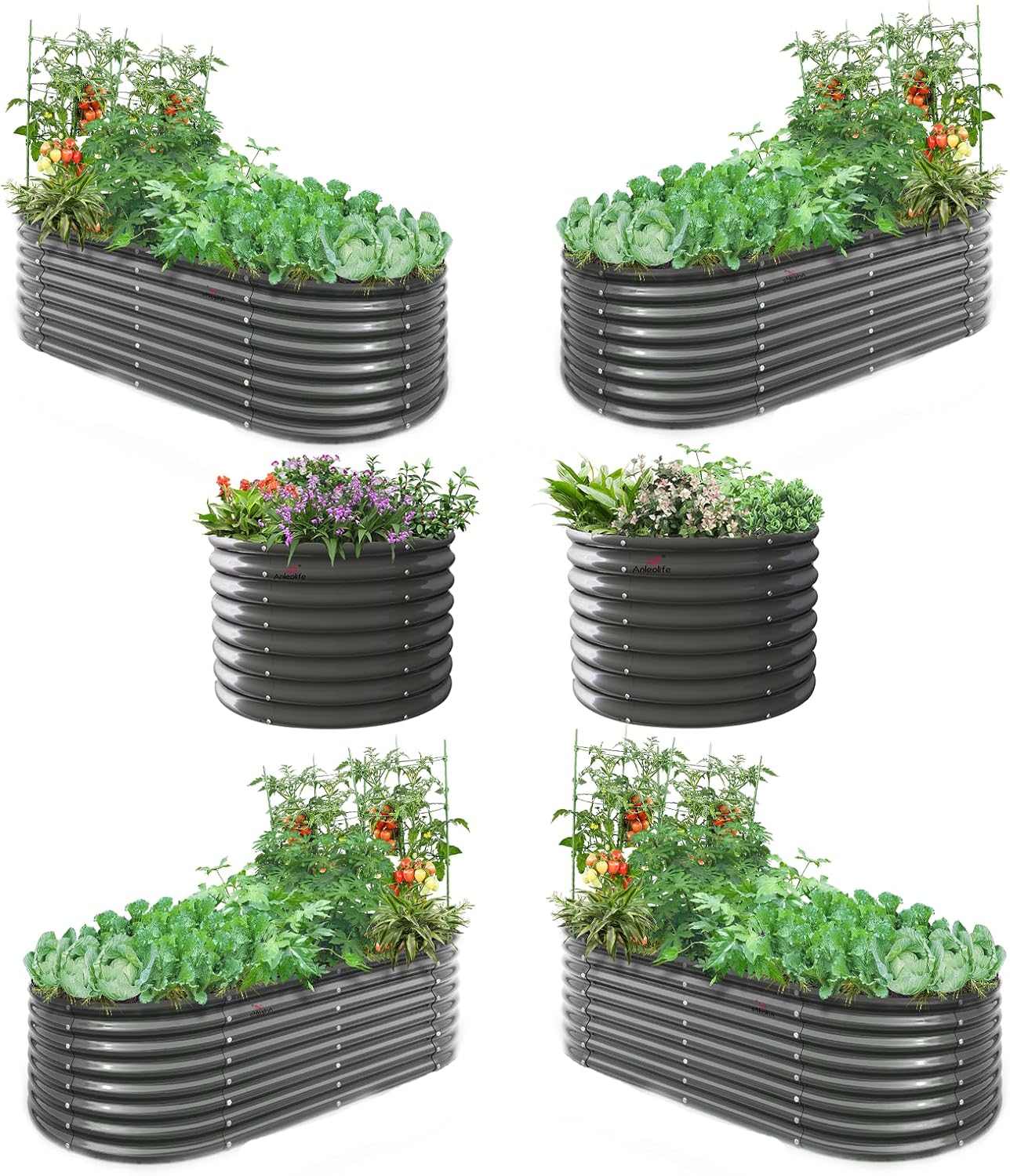 Set of 6: 24'' Tall Round & Oval Metal Raised Garden Beds Bundle (White/Gray)
