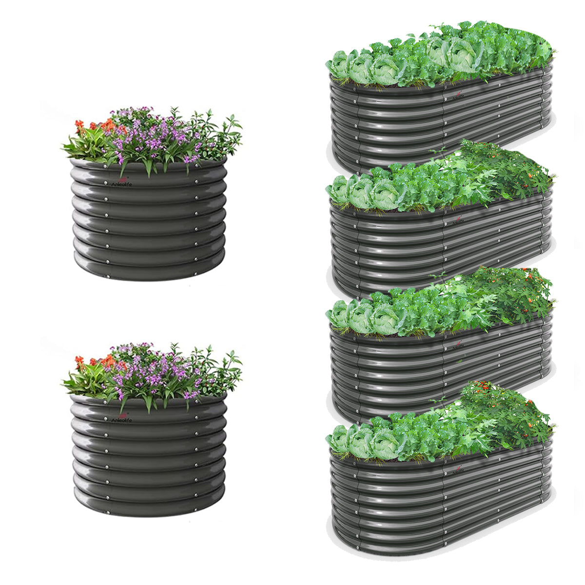 Set of 6: 24'' Tall Round & Oval Metal Raised Garden Beds Bundle (White/Gray)