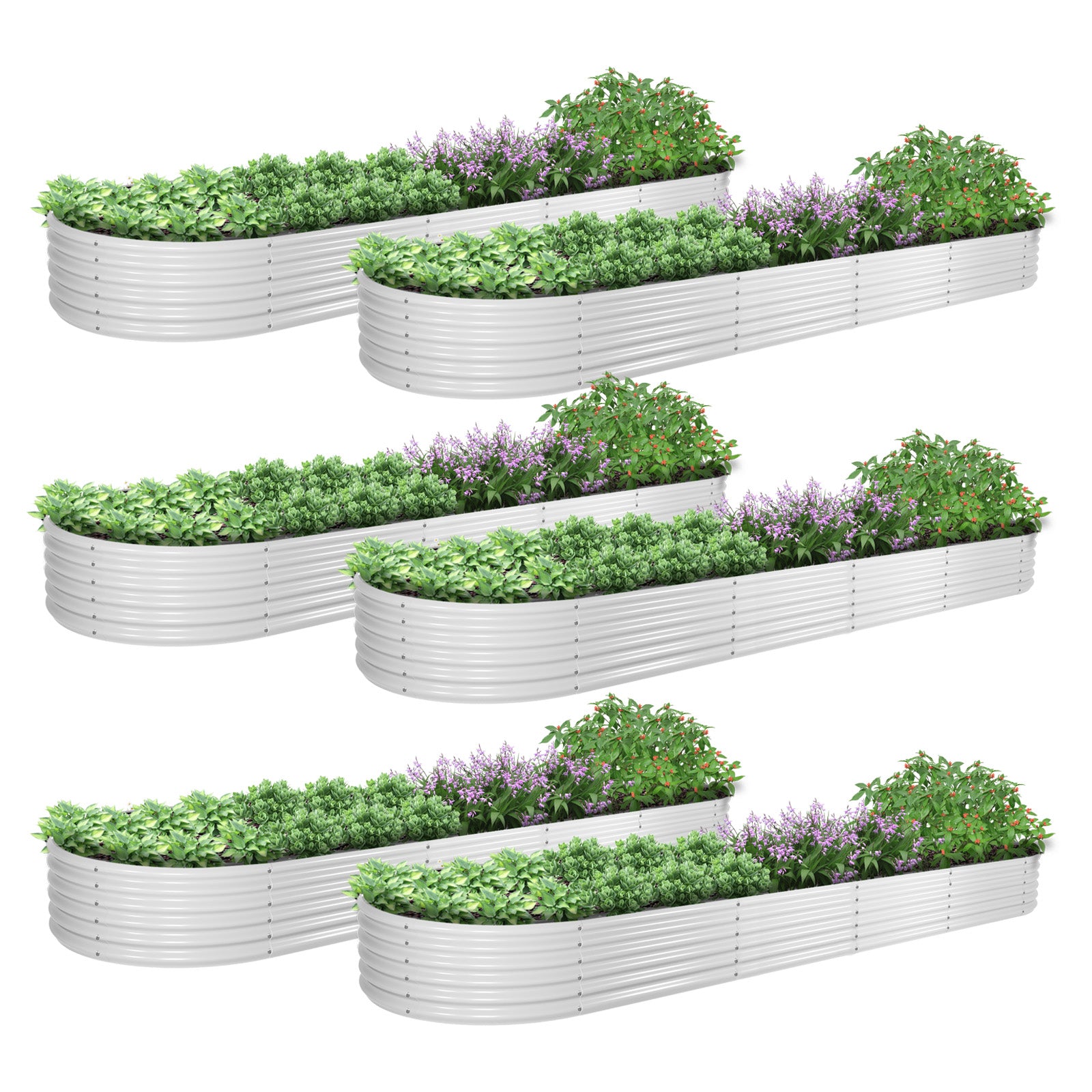 Set of 6: 12x3x1.5ft Oval Modular Metal Raised Garden Bed (Classic White)