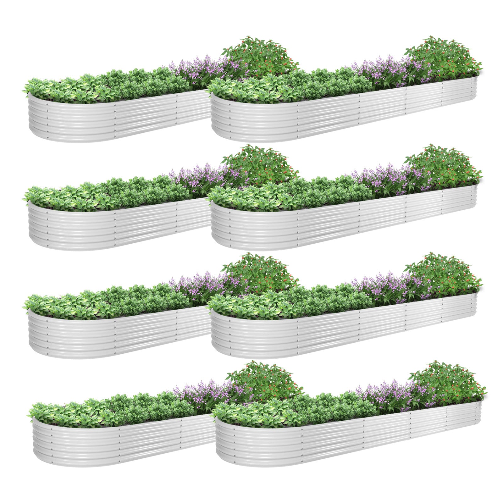 Set of 8: 12x3x1.5ft Oval Modular Metal Raised Garden Bed (Classic White)