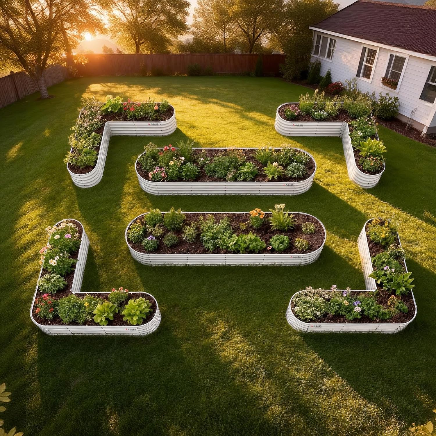 Set of 6: 144''x36''x18'' & 81''x81''x18'' Raised Garden Beds Layout (Quartz Gray/Classic White)