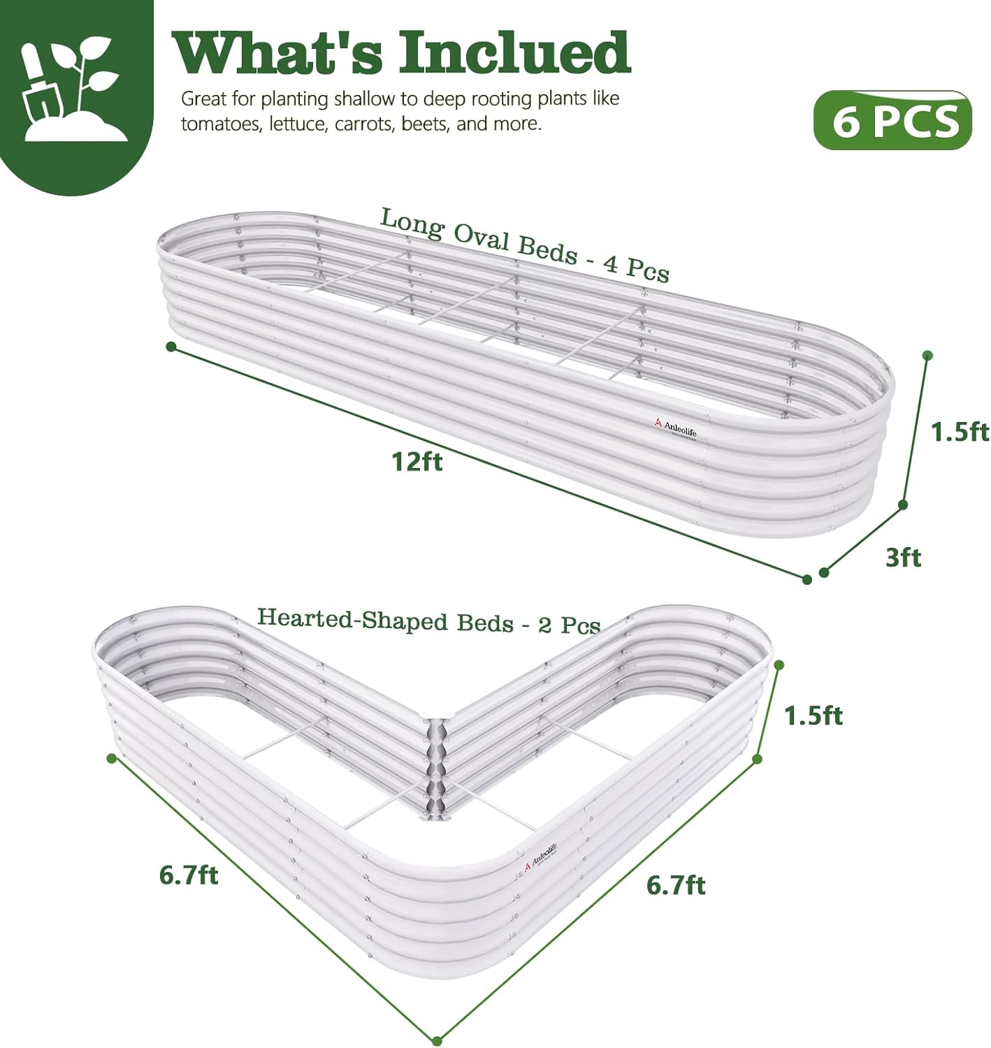 Set of 6: 144''x36''x18'' & 81''x81''x18'' Raised Garden Beds Layout (Grey/White)