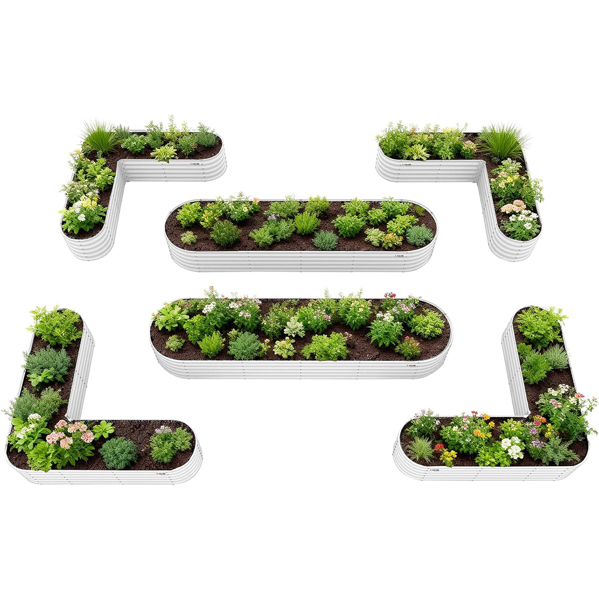 Set of 6: 144''x36''x18'' & 81''x81''x18'' Raised Garden Beds Layout (Grey/White)