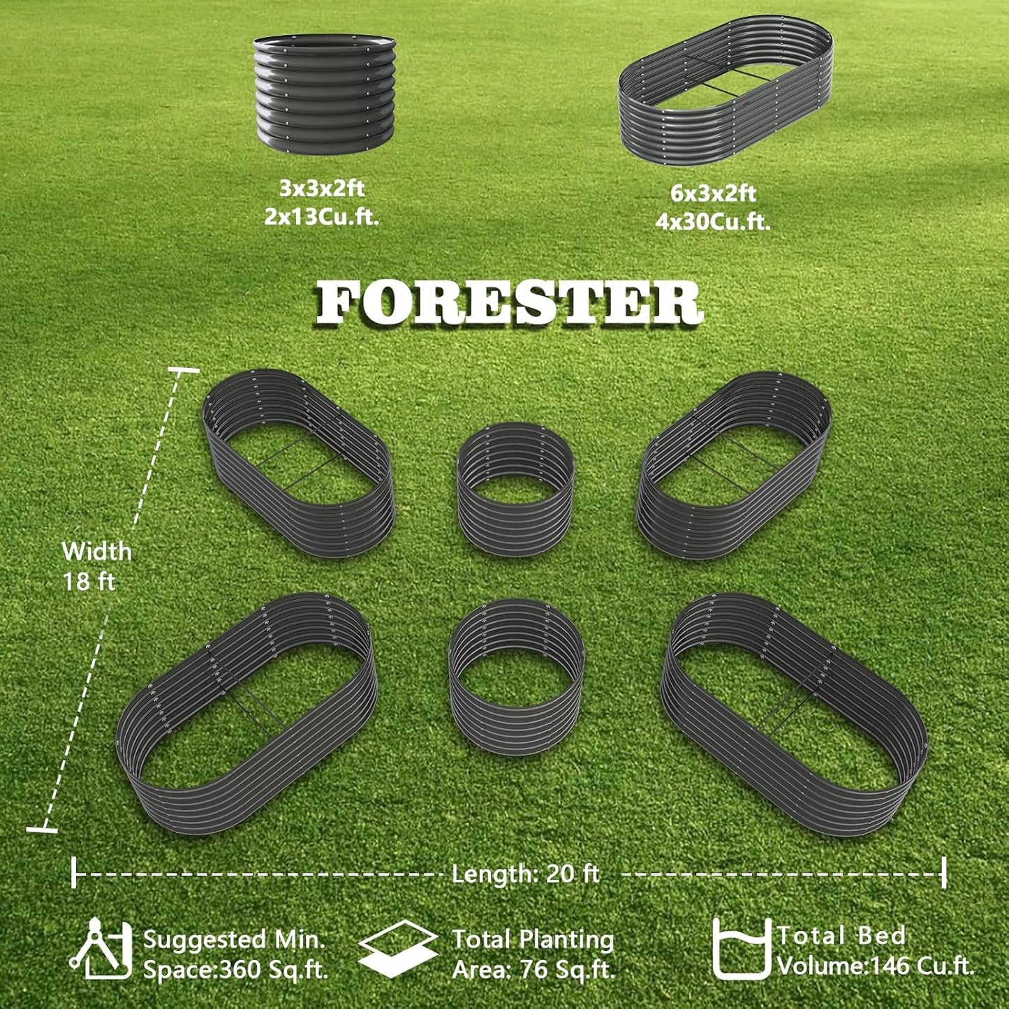 Set of 6: 24'' Tall Round & Oval Metal Raised Garden Beds Bundle (White/Gray)