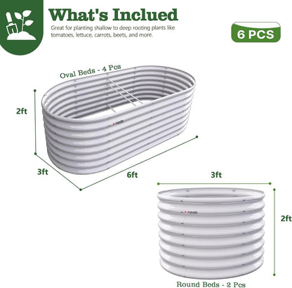 Set of 6: 24'' Tall Round & Oval Metal Raised Garden Beds Bundle (White/Gray)
