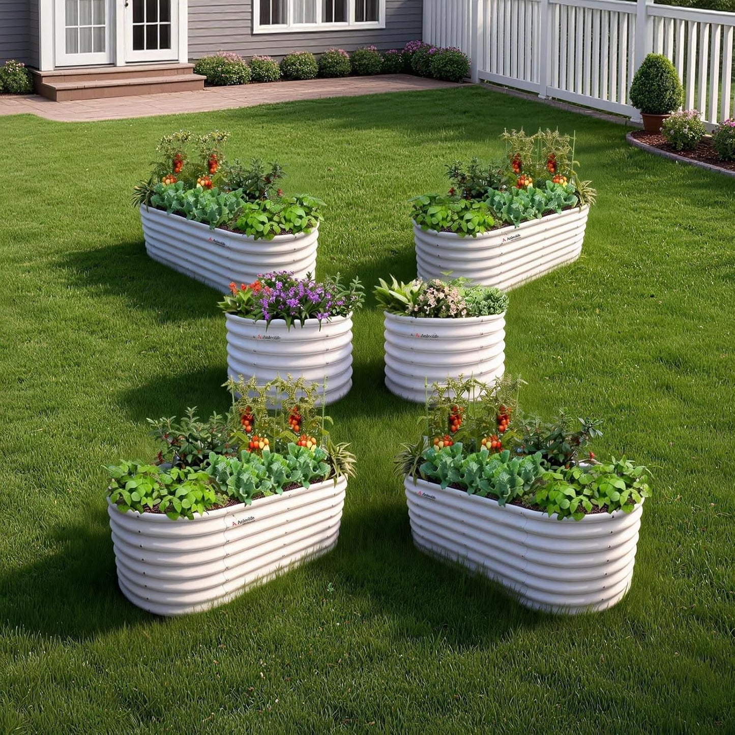 Set of 6: 24'' Tall Round & Oval Metal Raised Garden Beds Bundle (White/Gray)