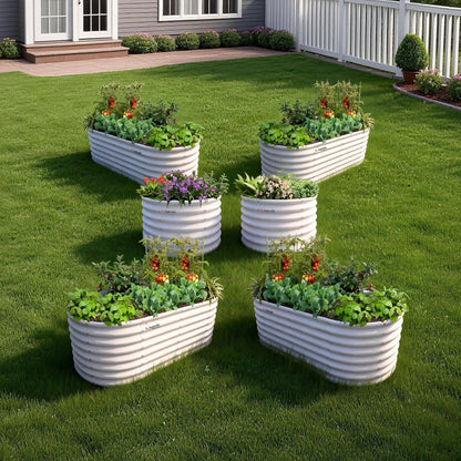 Set of 6: 24'' Tall Round & Oval Metal Raised Garden Beds Bundle (White/Gray)