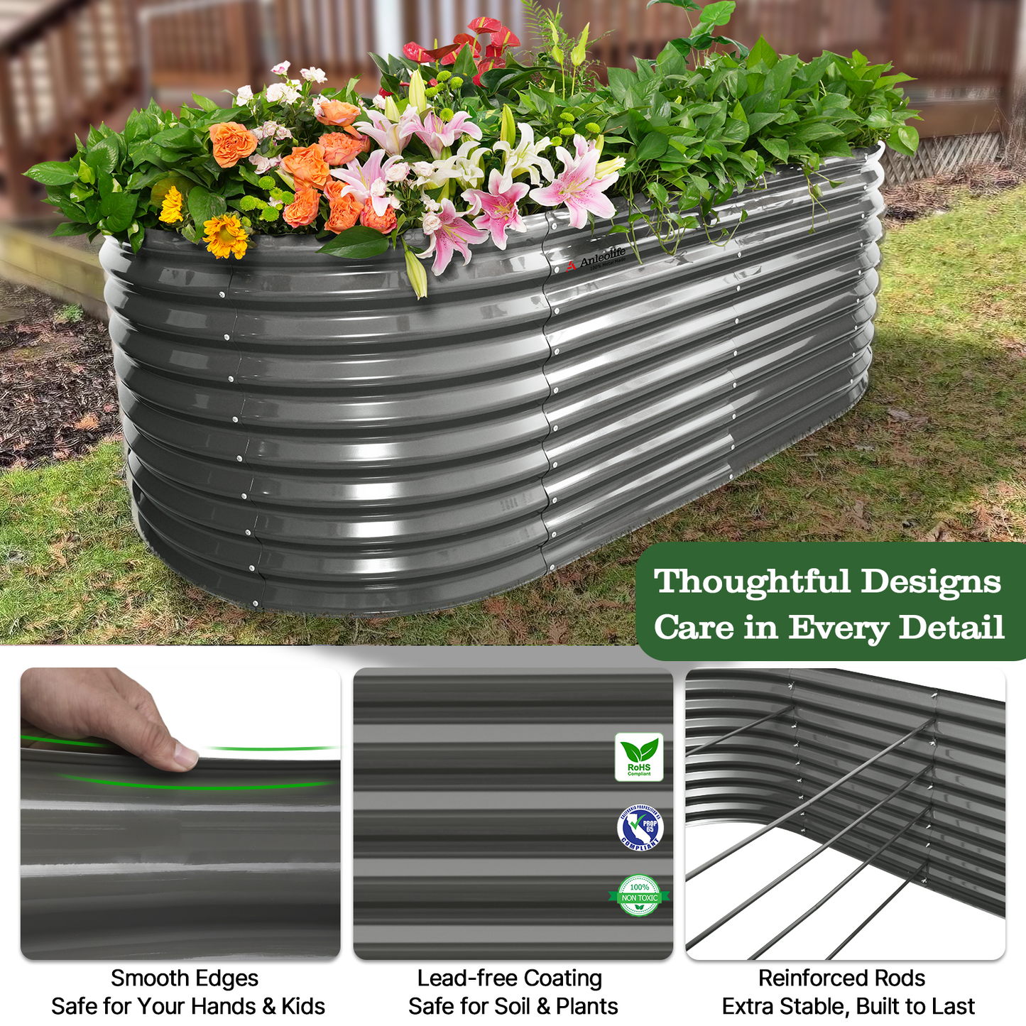 30'' Tall _8x4x2.5ft  Oval Modular Sturdy Metal Raised Garden Bed Set (Grey)