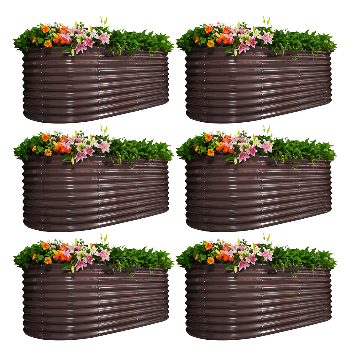 Set of 6: 30'' Tall_8x4x2.5ft  Oval Modular Sturdy Metal Raised Garden Bed Set (Coffee Brown)