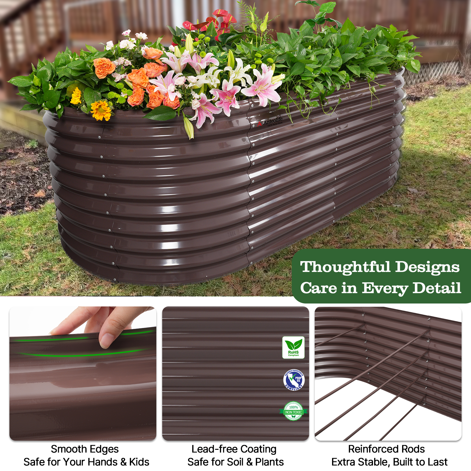 Set of 8: 30'' Tall_8x4x2.5ft  Oval Modular Sturdy Metal Raised Garden Bed Set (Coffee Brown)