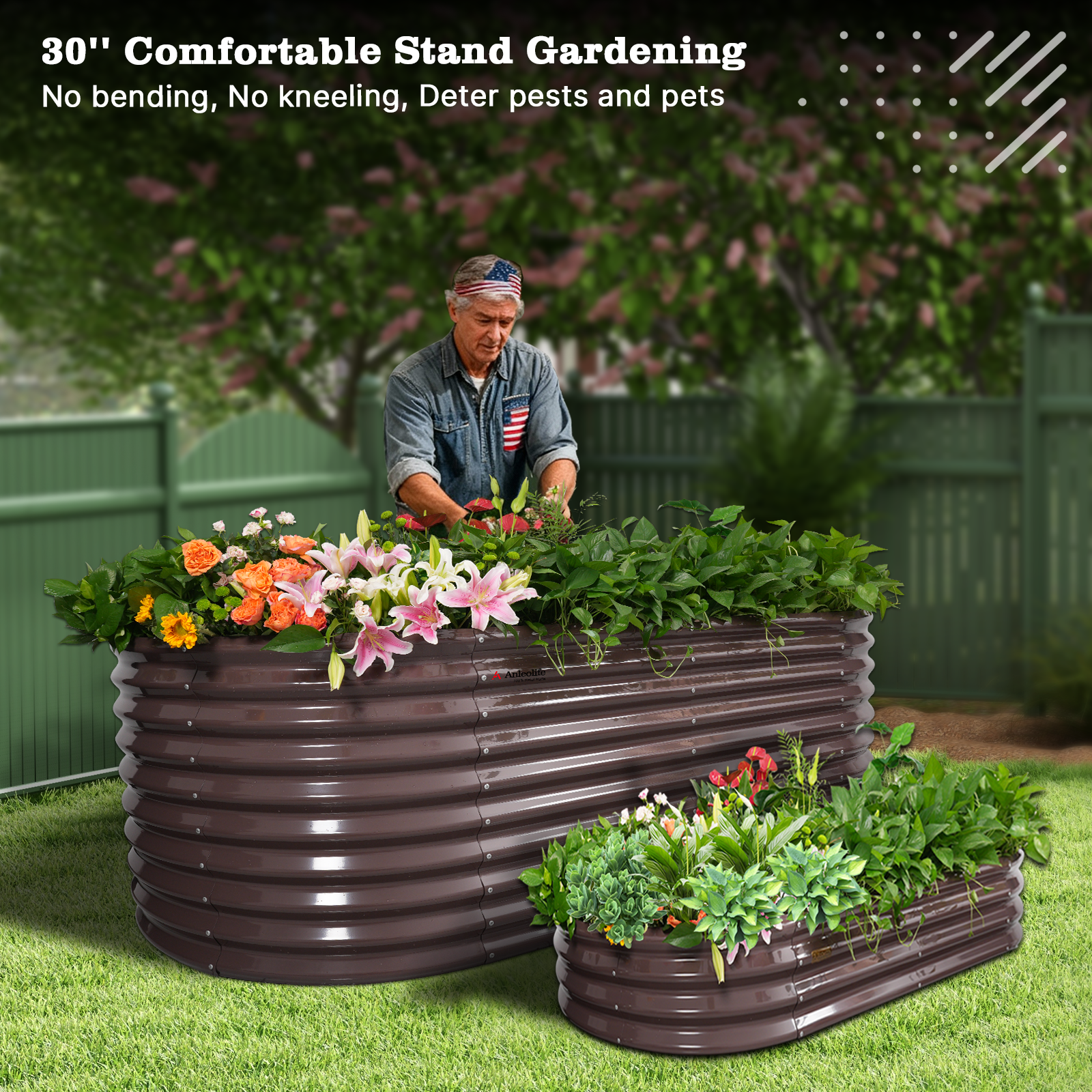Set of 8: 30'' Tall_8x4x2.5ft  Oval Modular Sturdy Metal Raised Garden Bed Set (Coffee Brown)