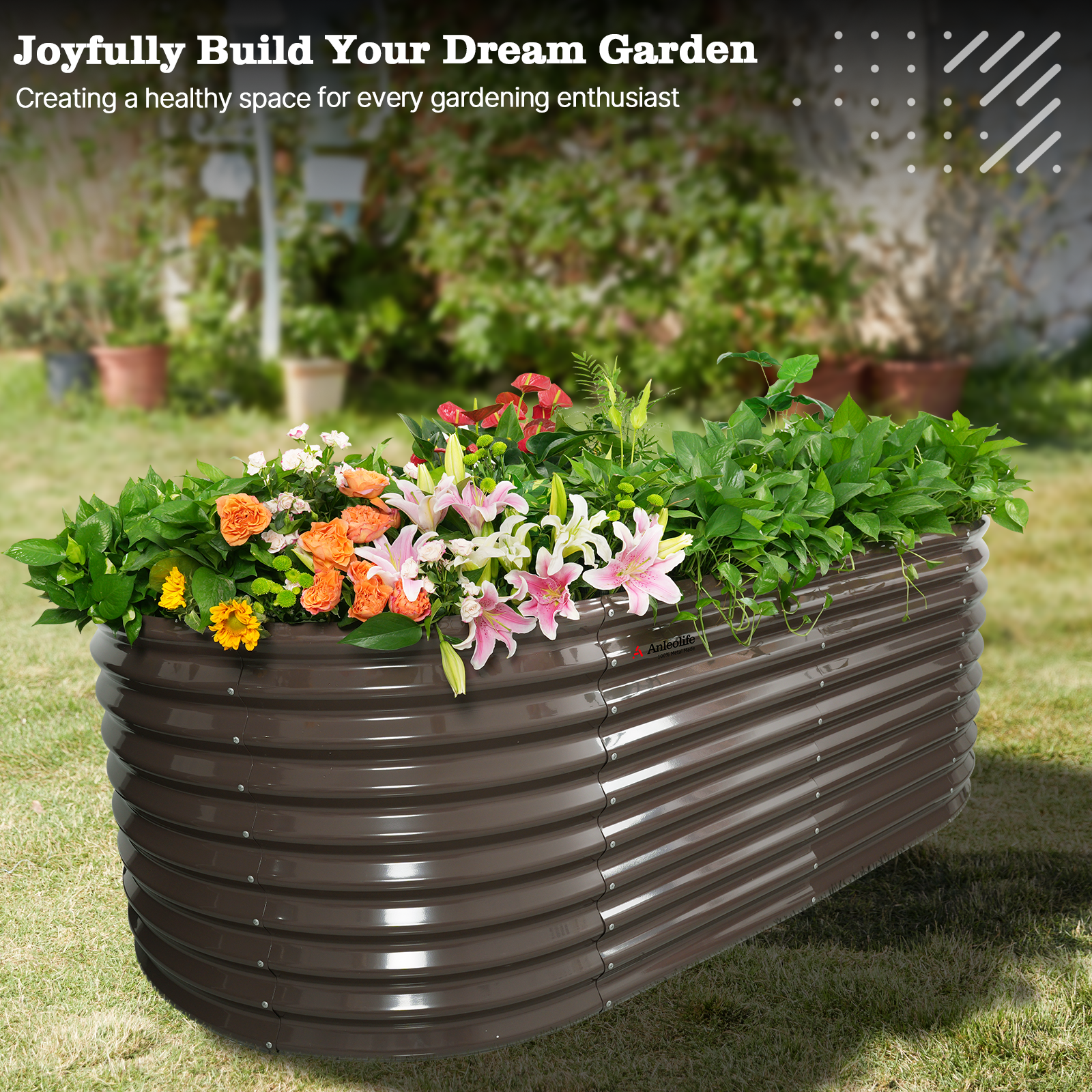Set of 8: 30'' Tall_8x4x2.5ft  Oval Modular Sturdy Metal Raised Garden Bed Set (Coffee Brown)