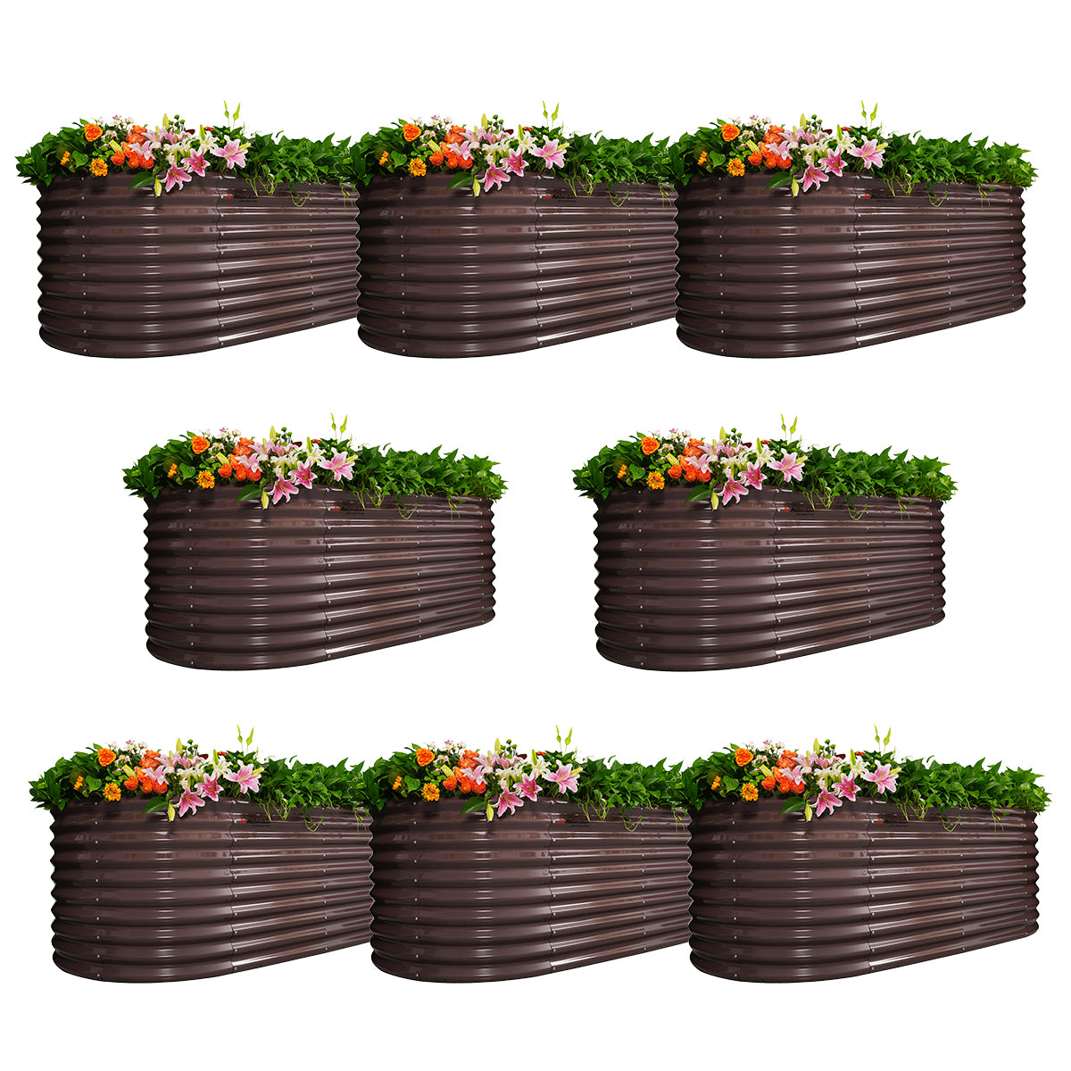 Set of 8: 30'' Tall_8x4x2.5ft  Oval Modular Sturdy Metal Raised Garden Bed Set (Coffee Brown)
