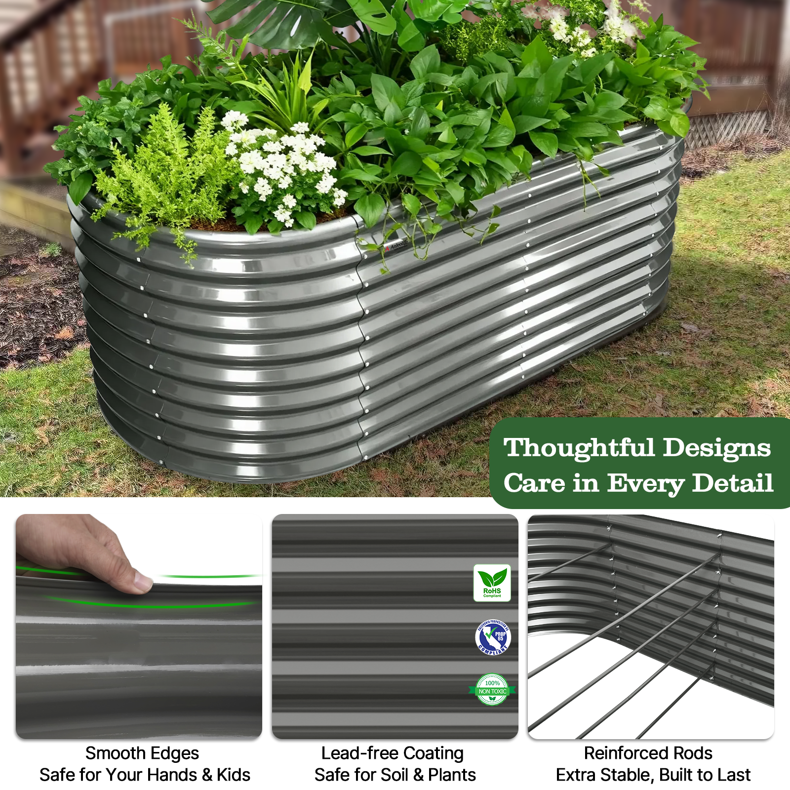 30'' Tall _6x3x2.5ft  Oval Modular Sturdy Metal Raised Garden Bed Set (Grey)