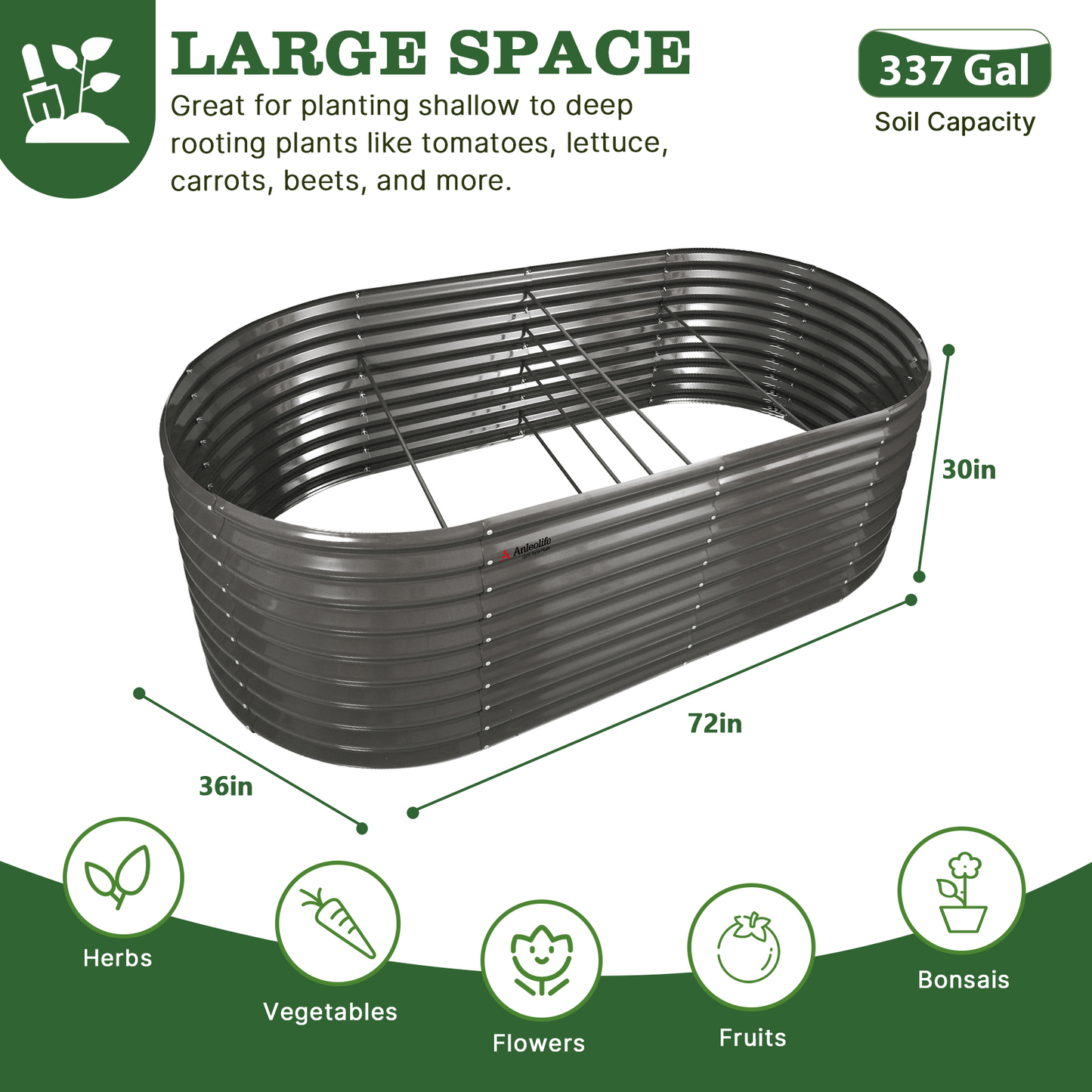30'' Tall _6x3x2.5ft  Oval Modular Sturdy Metal Raised Garden Bed Set (Grey)