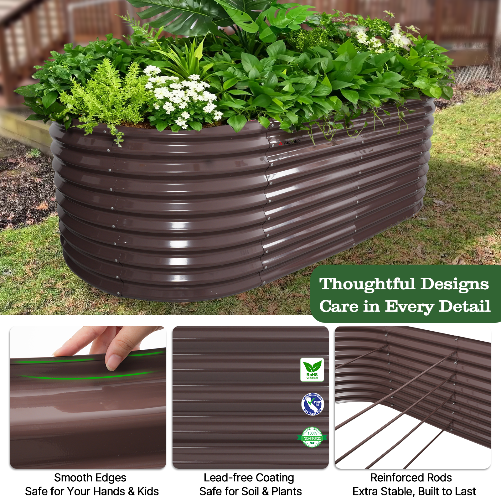 Set of 6: 30'' Tall _6x3x2.5ft  Oval Modular Sturdy Metal Raised Garden Bed Set (Coffee Brown)