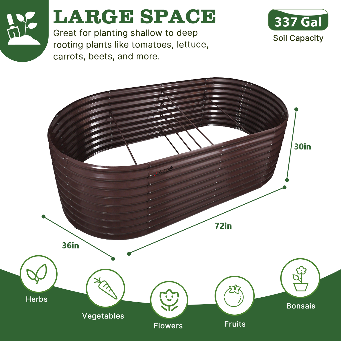 30'' Tall _6x3x2.5ft  Oval Modular Sturdy Metal Raised Garden Bed Set (Bronze)
