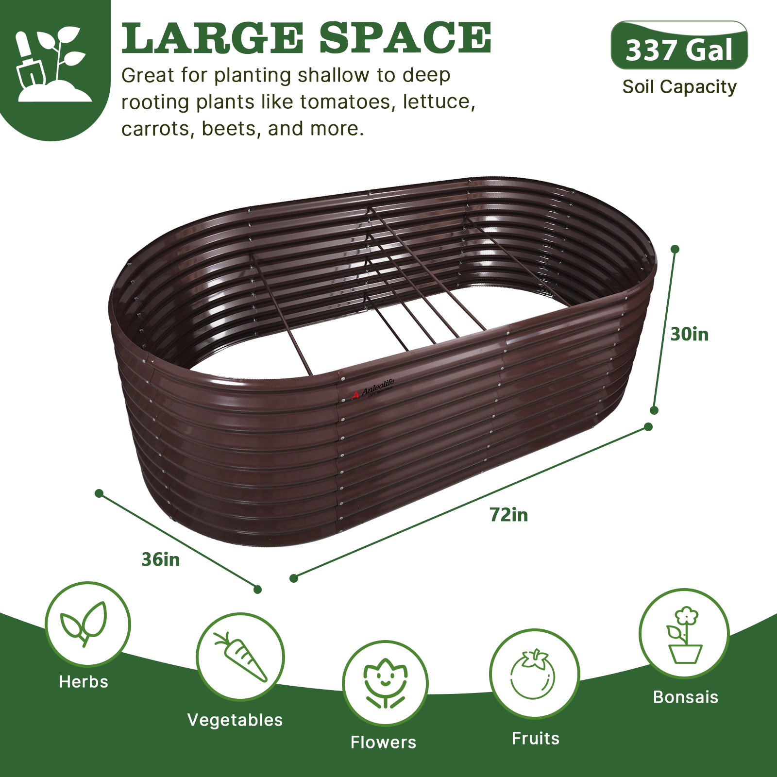 Set of 6: 30'' Tall _6x3x2.5ft  Oval Modular Sturdy Metal Raised Garden Bed Set (Coffee Brown)