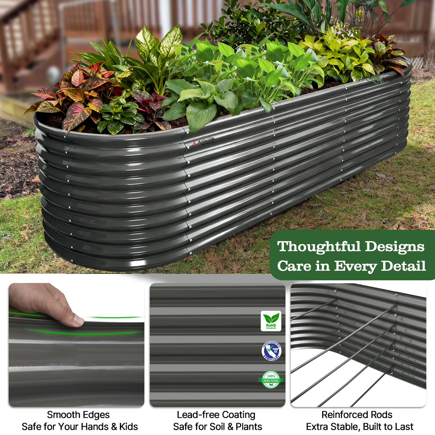 30'' Tall _10x3x2.5ft  Oval Modular Sturdy Metal Raised Garden Bed Set (Grey)
