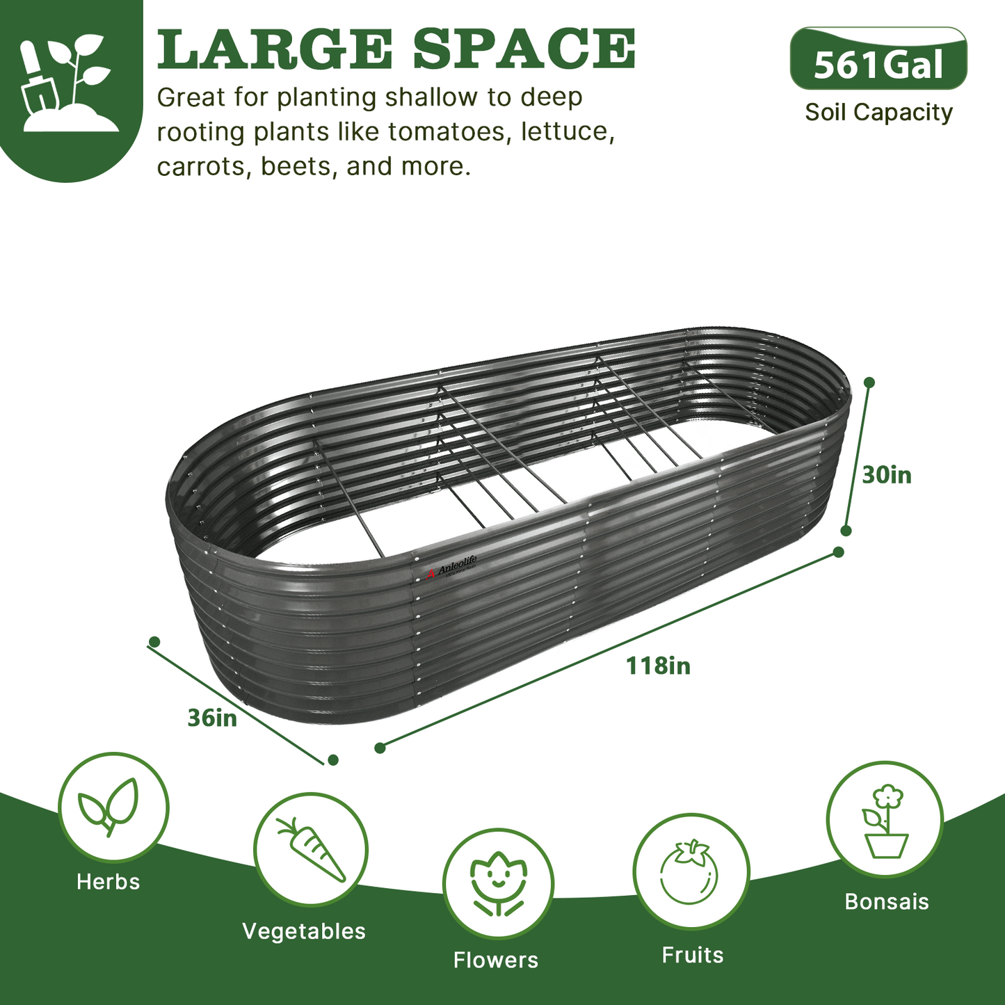 30'' Tall _10x3x2.5ft  Oval Modular Sturdy Metal Raised Garden Bed Set (Grey)