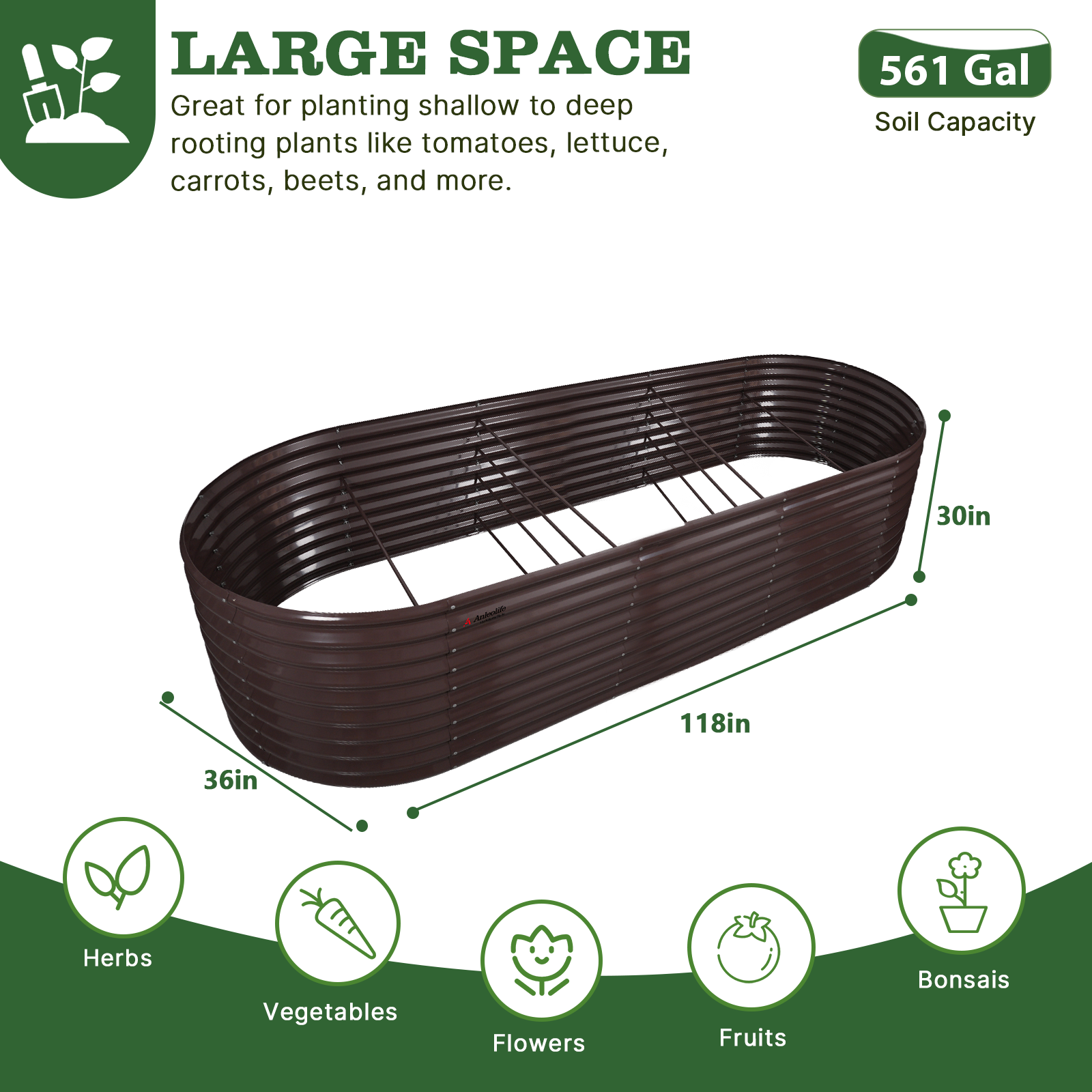 Set of 6: 10'x3'x30''-Tall  Oval Modular Sturdy Metal Raised Garden Bed Set (Coffee Brown)