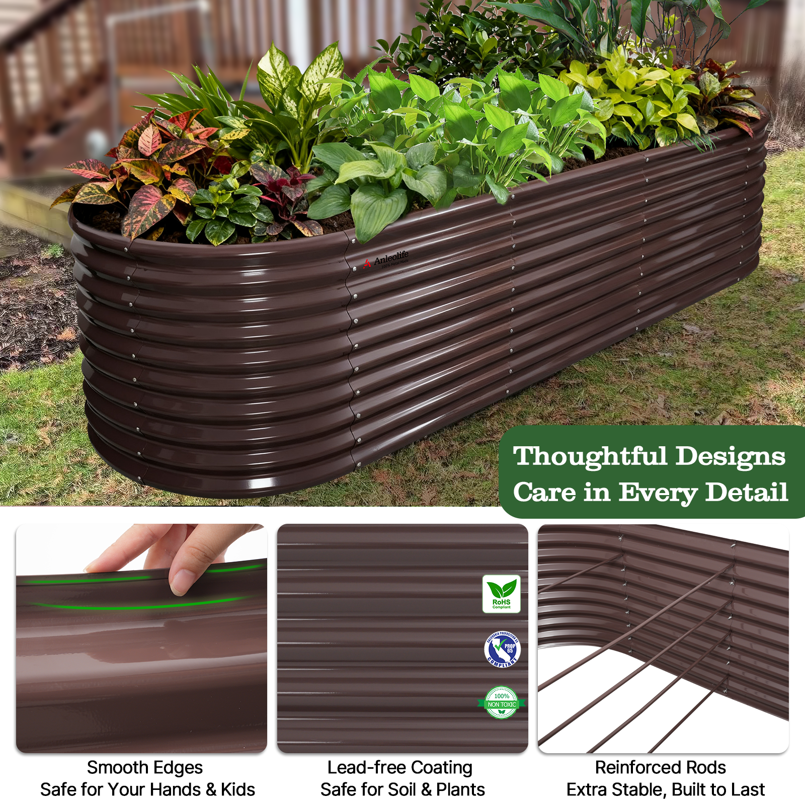 Set of 6: 10'x3'x30''-Tall  Oval Modular Sturdy Metal Raised Garden Bed Set (Coffee Brown)
