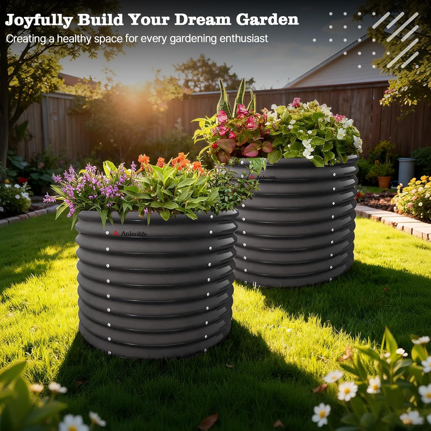 30'' Tall_3x2.5ft Round Metal Raised Garden Beds (Grey/Bronze)