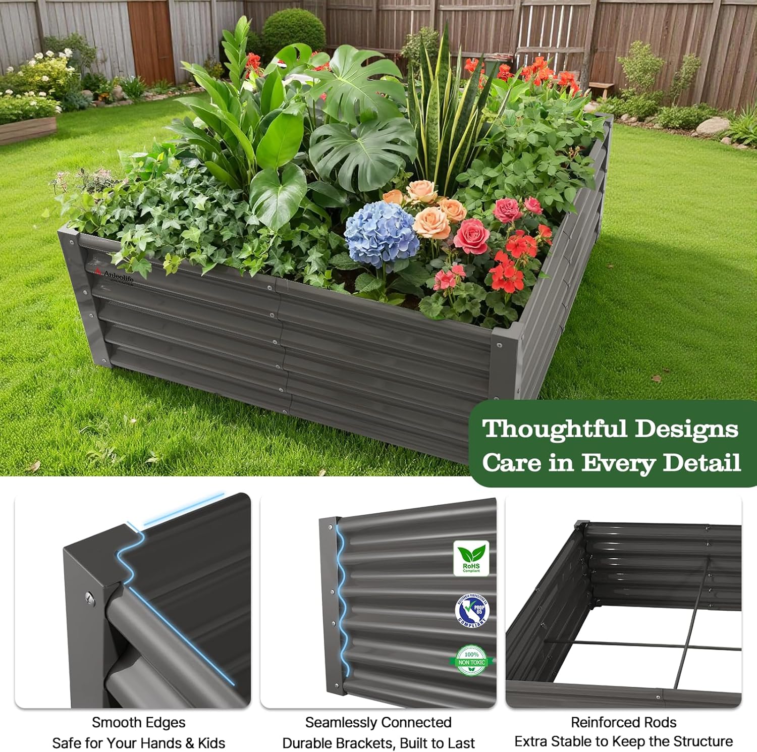 18" Tall Modular Raised Garden Bed Set, 12-Piece Layout for Customizable Gardening (Quartz Gray/Classic White)