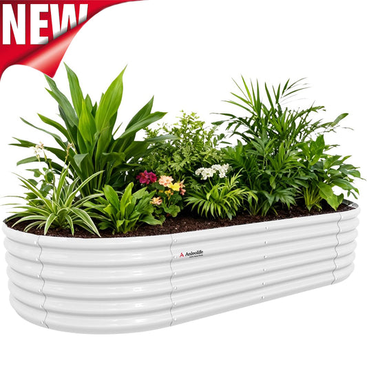 8x4x1.5ft  Oval Modular Sturdy Metal Raised Garden Bed Set (White)