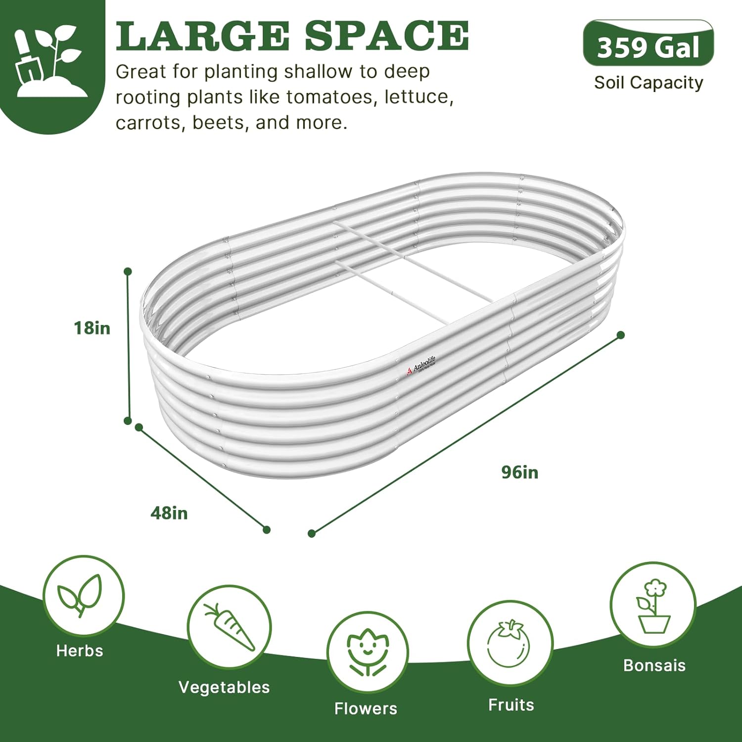 8x4x1.5ft  Oval Modular Sturdy Metal Raised Garden Bed Set (White)