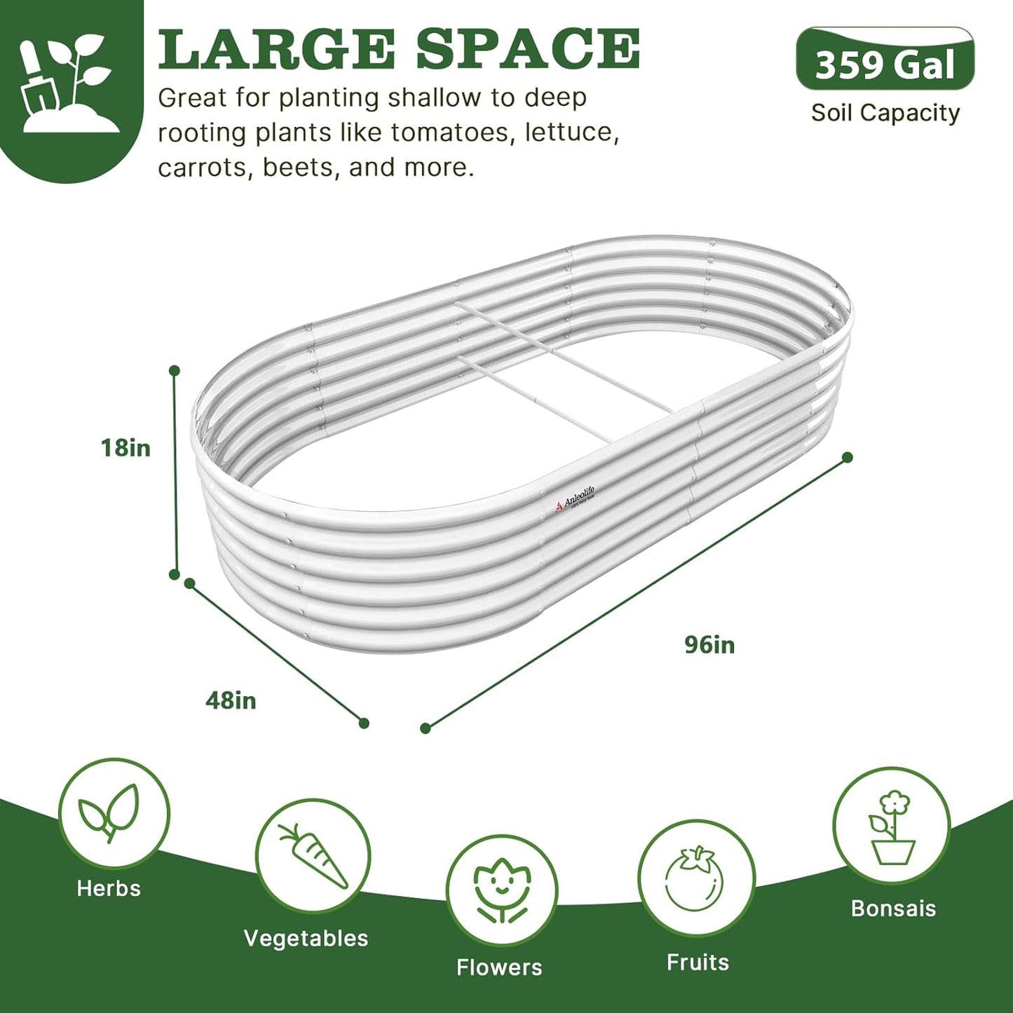 8x4x1.5ft  Oval Modular Sturdy Metal Raised Garden Bed Set (White)