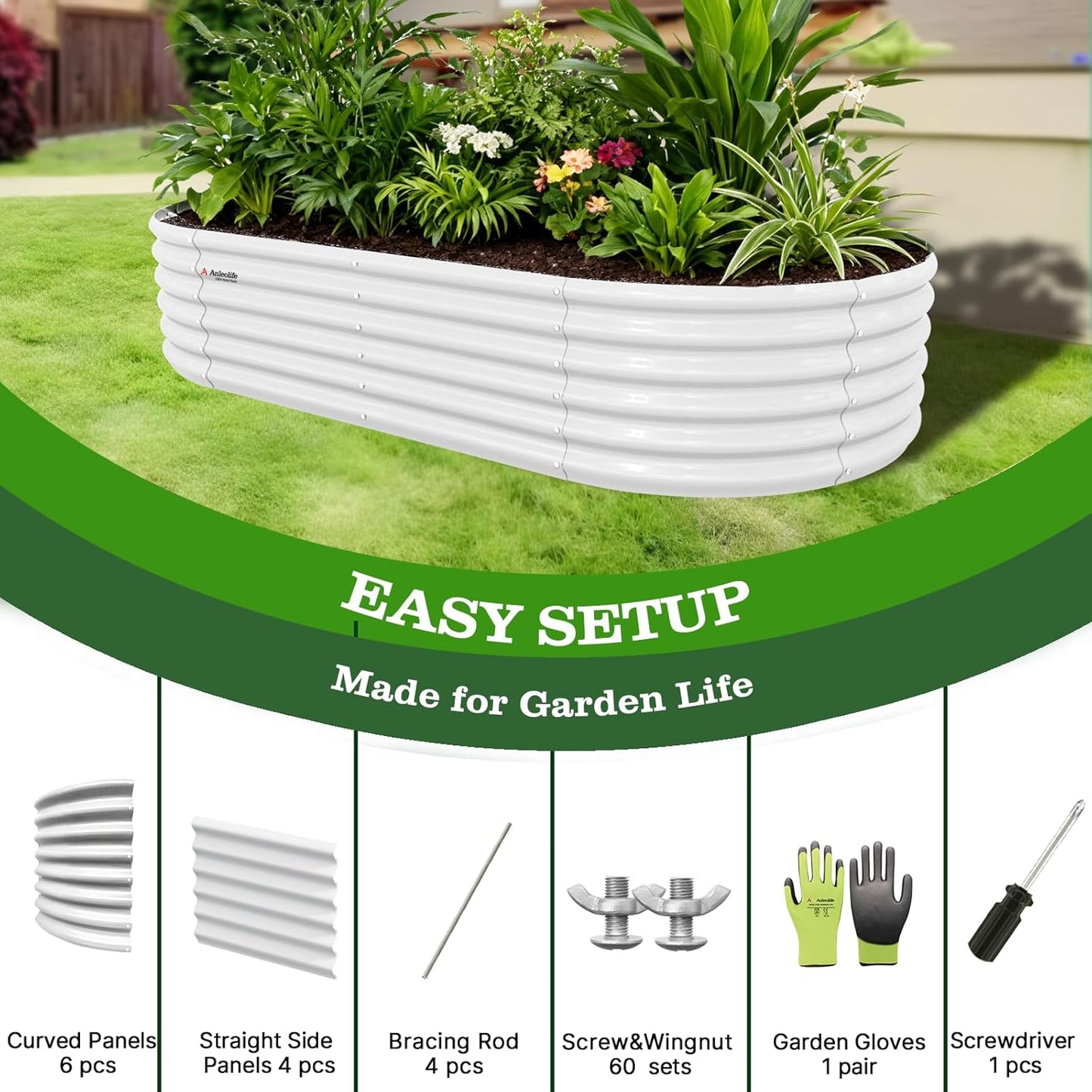 8x4x1.5ft  Oval Modular Sturdy Metal Raised Garden Bed Set (White)