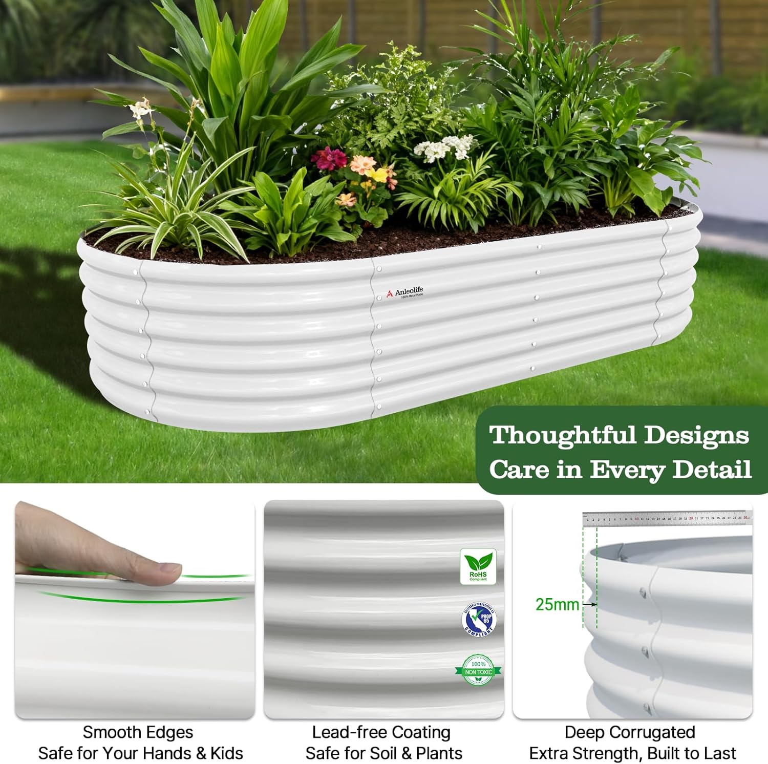 8x4x1.5ft  Oval Modular Sturdy Metal Raised Garden Bed Set (White)