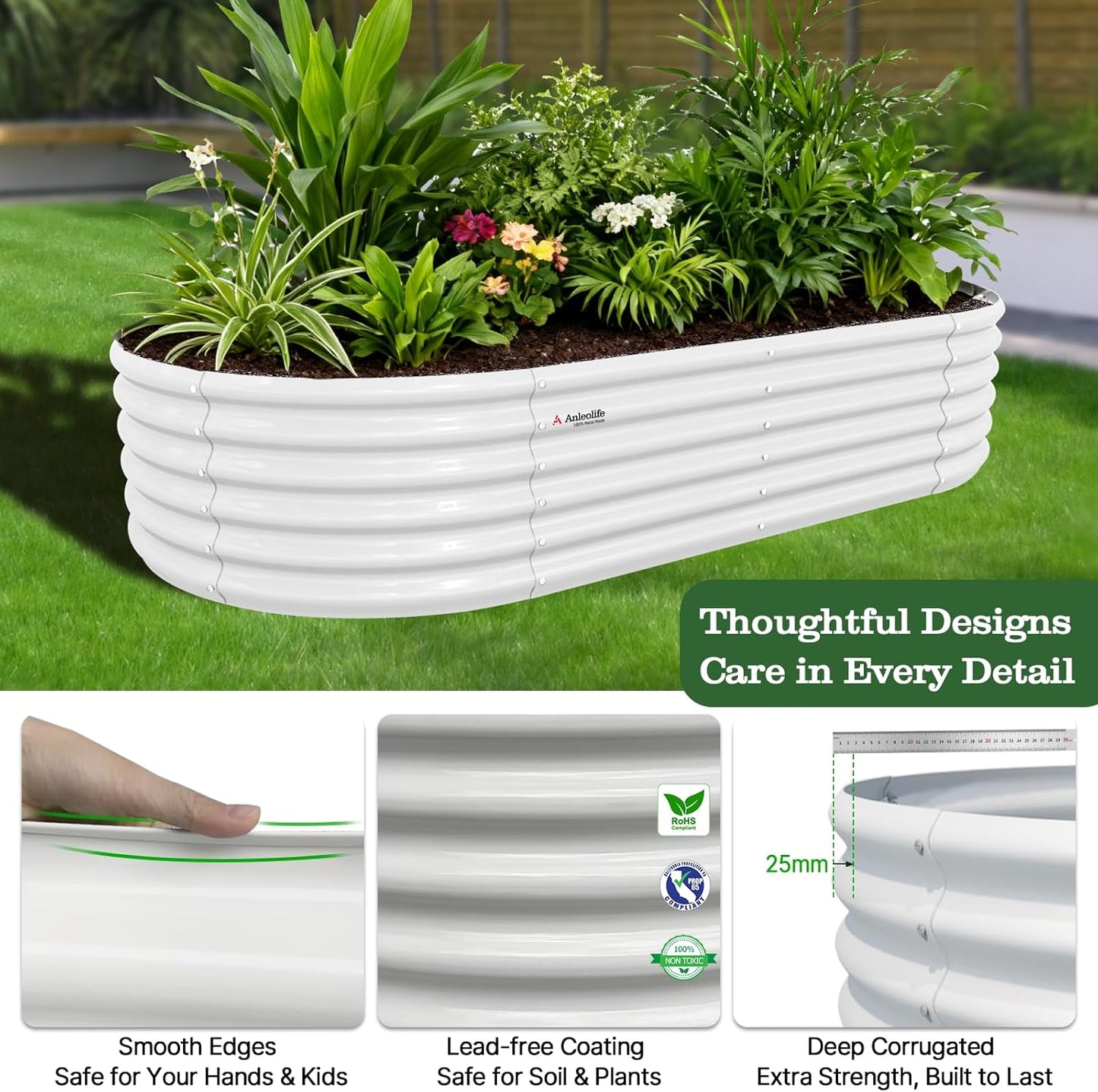 8x4x1.5ft  Oval Modular Sturdy Metal Raised Garden Bed Set (White)