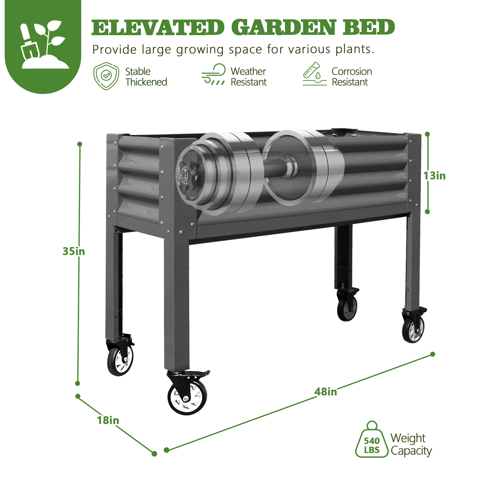 GardenEase- 48''x18''x35''Tall Elevated Bed with wheels (Quartz Gray)