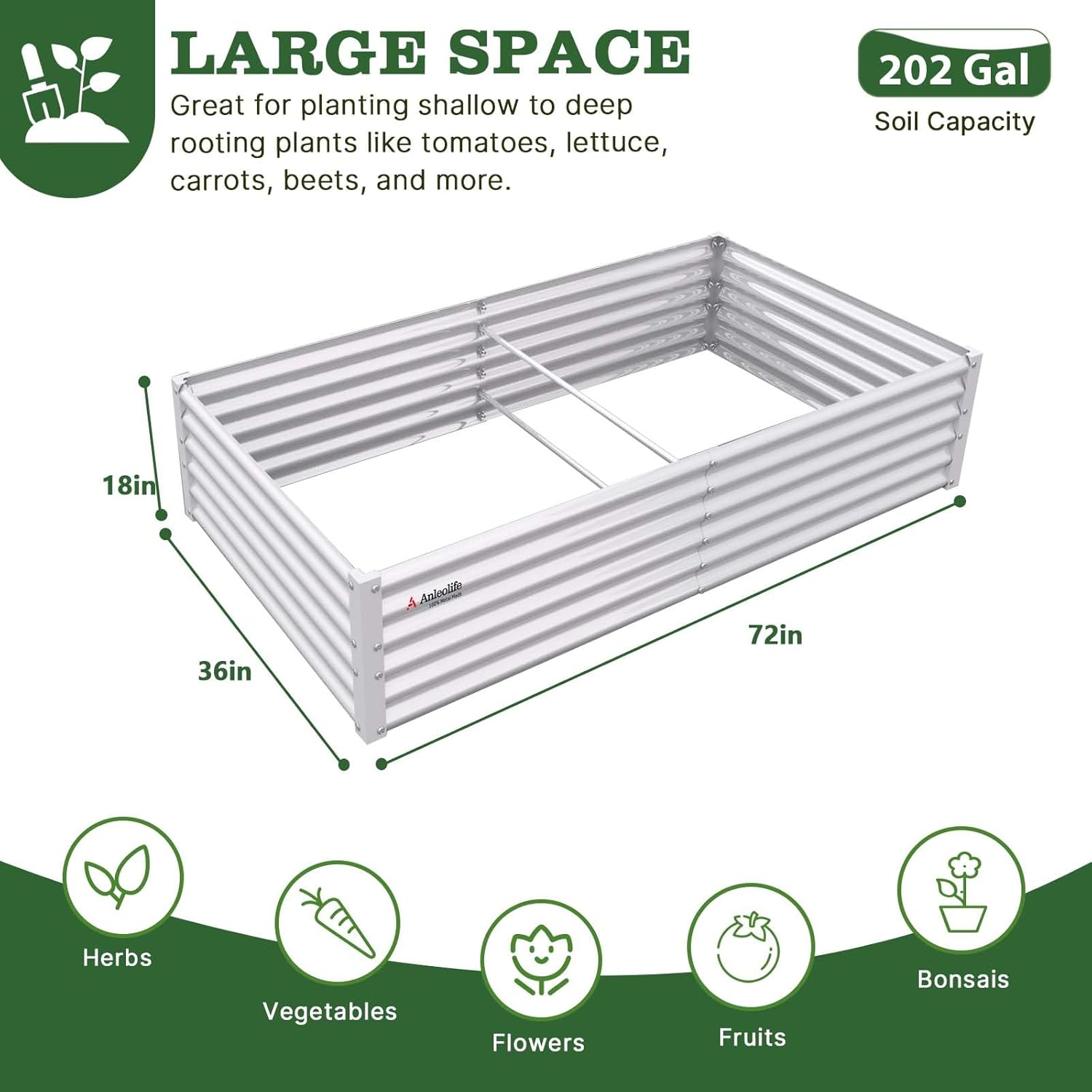 6x3x1.5ft Rectangular Modular Metal Raised Garden Bed (Classic White)