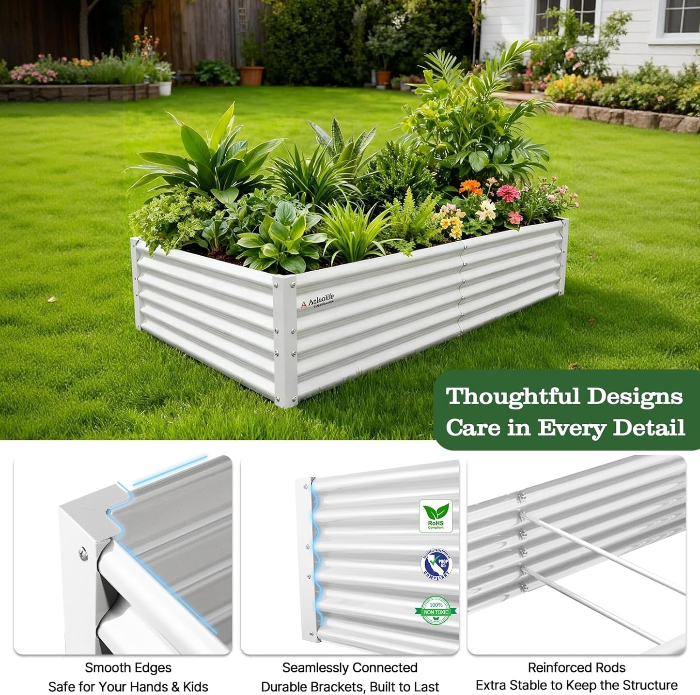 6x3x1.5ft Rectangular Modular Metal Raised Garden Bed (White)