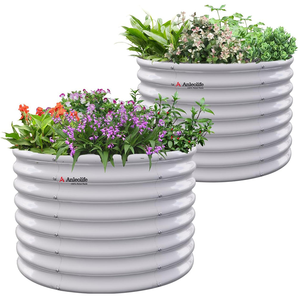 Set of 2: 36"x36"x24" Round Metal Raised Garden Beds (White)