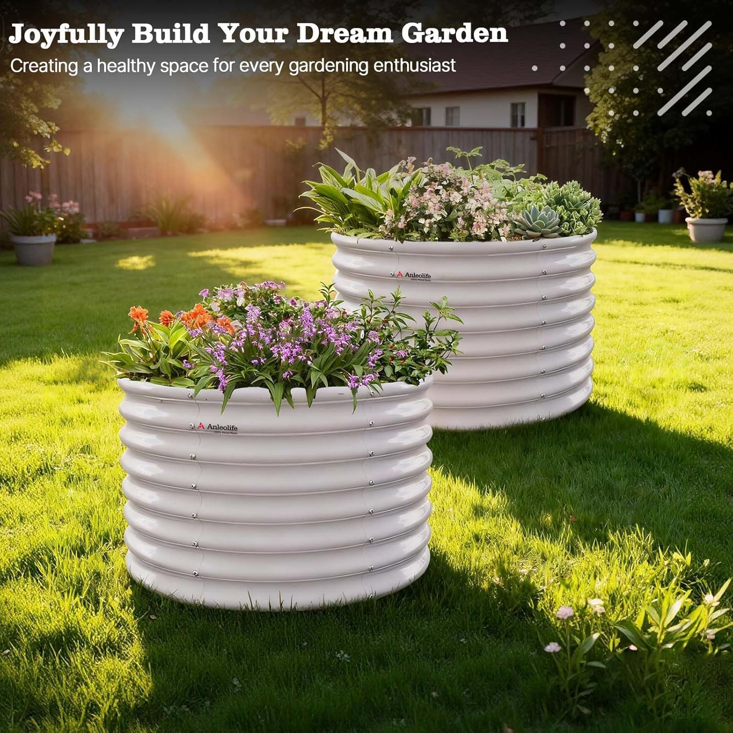 36"x36"x24" Round Metal Raised Garden Beds Set (Quartz Gray/Classic White)