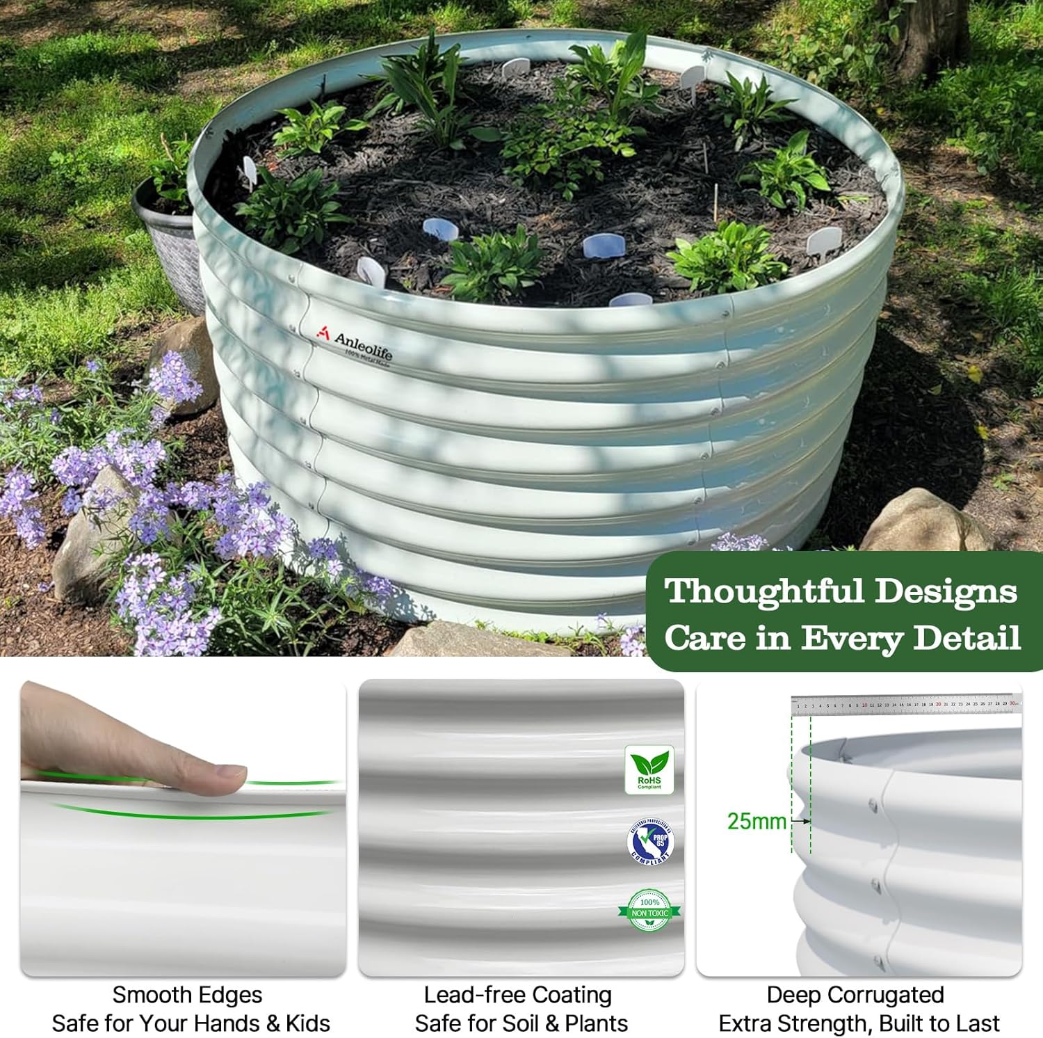 36"x36"x24" Round Metal Raised Garden Beds Set (Quartz Gray/Classic White)