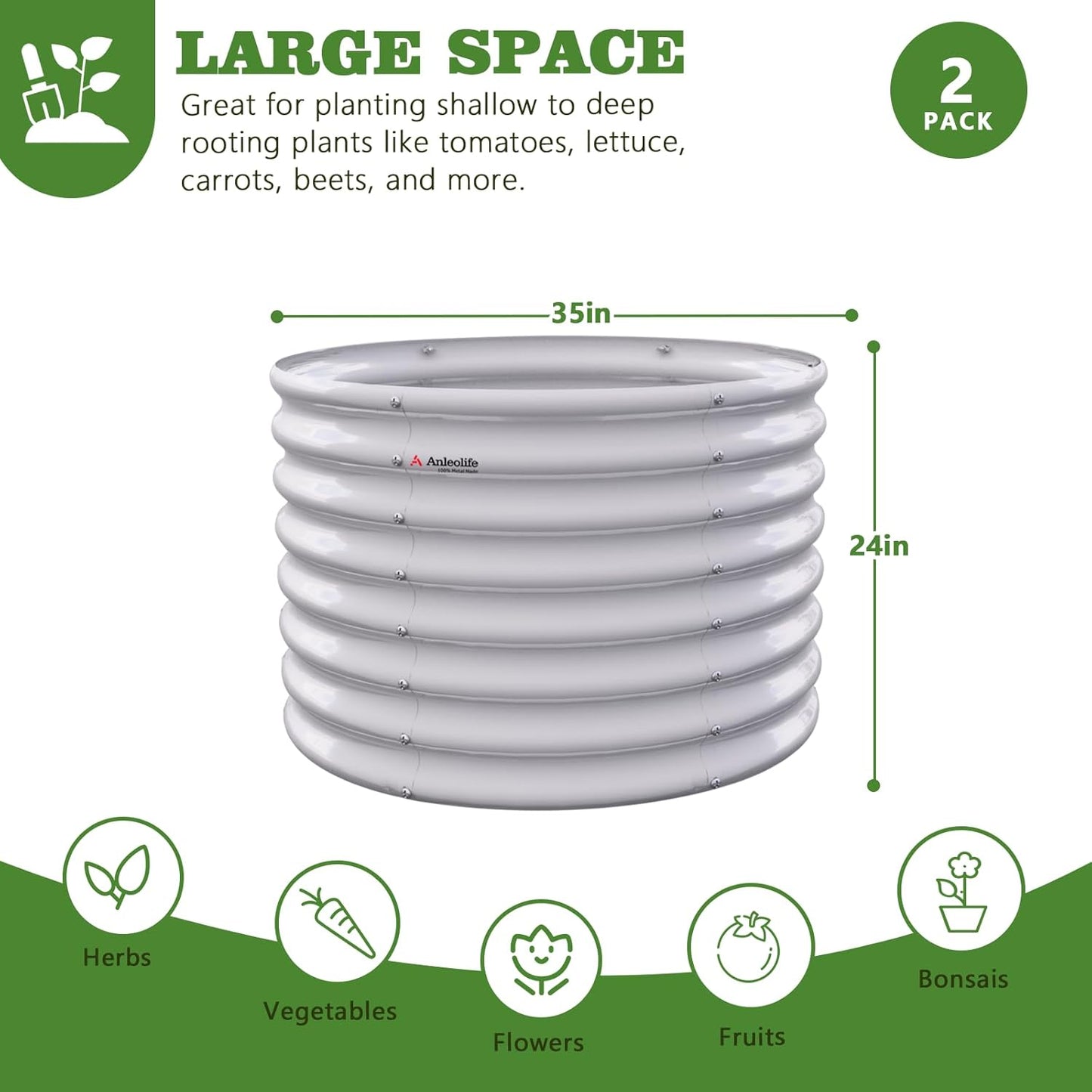 Set of 2: 36"x36"x24" Round Metal Raised Garden Beds (White)