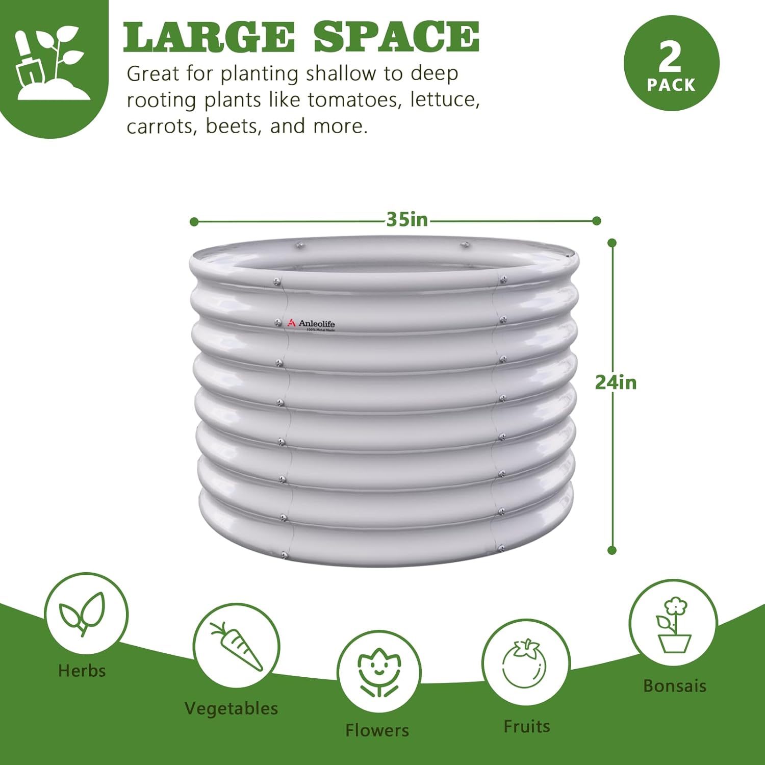 Set of 2: 36"x36"x24" Round Metal Raised Garden Beds (Classic White)
