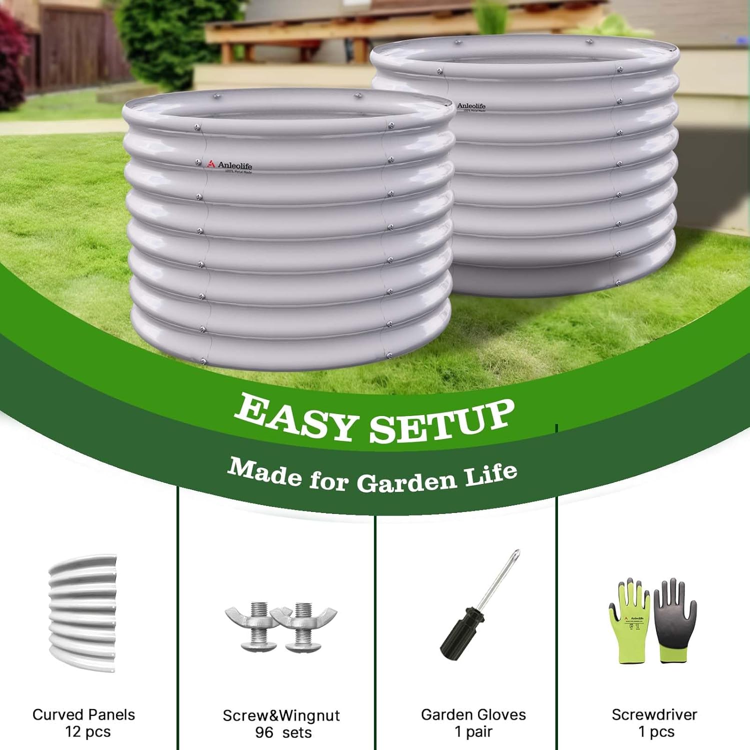 Set of 2: 36"x36"x24" Round Metal Raised Garden Beds (Classic White)