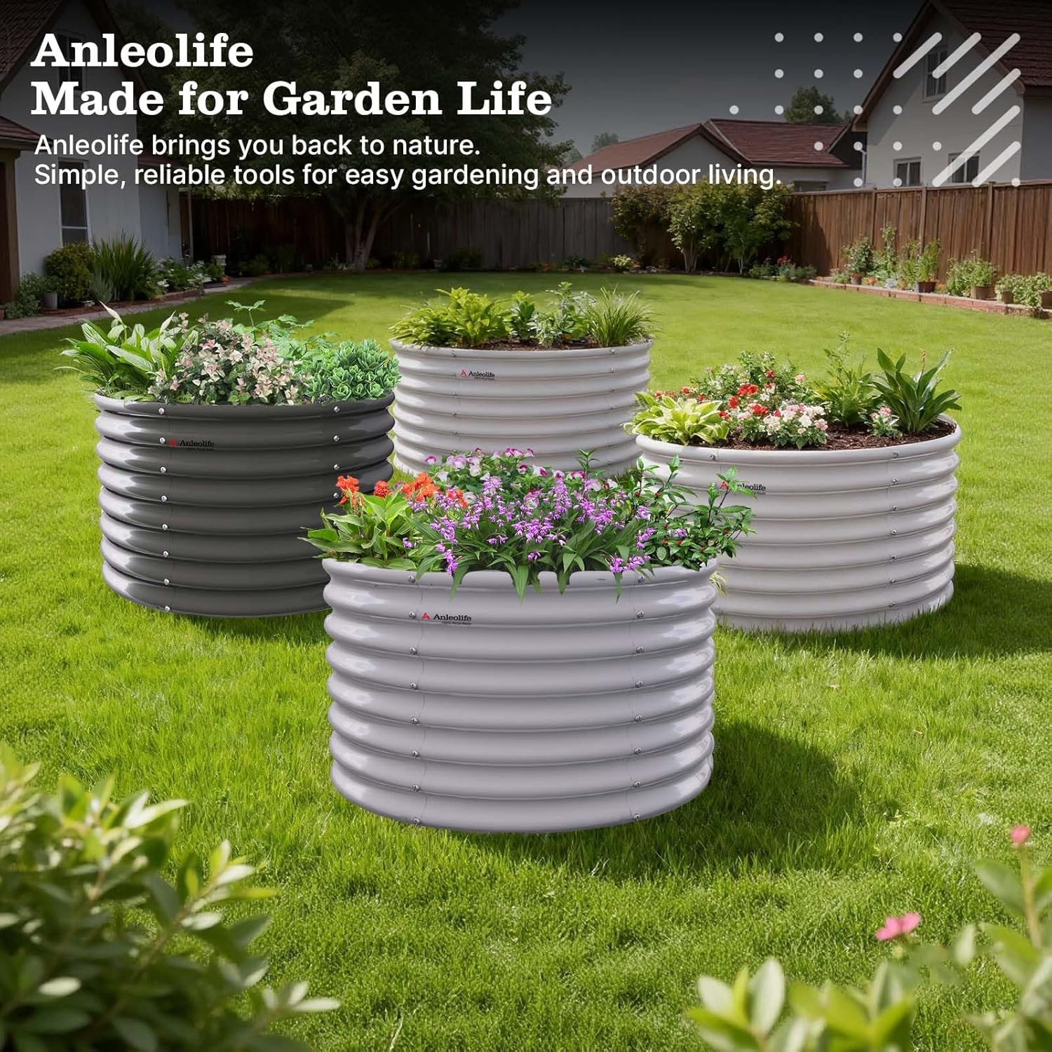 36"x36"x24" Round Metal Raised Garden Beds Set (Quartz Gray/Classic White)
