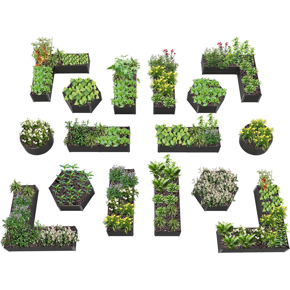 18" Tall Modular Raised Garden Bed Set, 16-Piece Grey Layout for Customizable Gardening