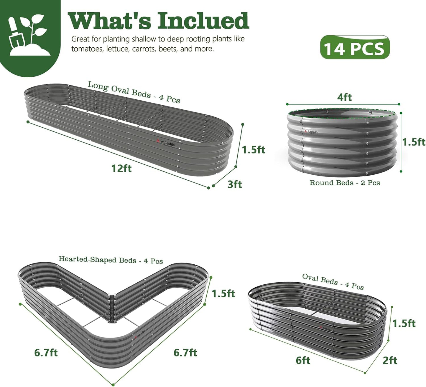 Set of 14: 18'' Tall Modular Raised Garden Beds Layout (Gray/White)