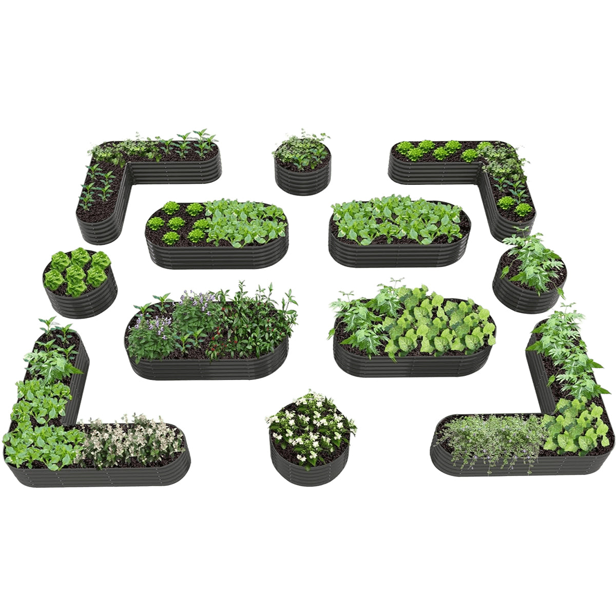 Set of 12:  72''x24''x18'', 48''x18'', 81''x81''x18'' Raised Garden Beds Layout (Quartz Gray/Classic White)