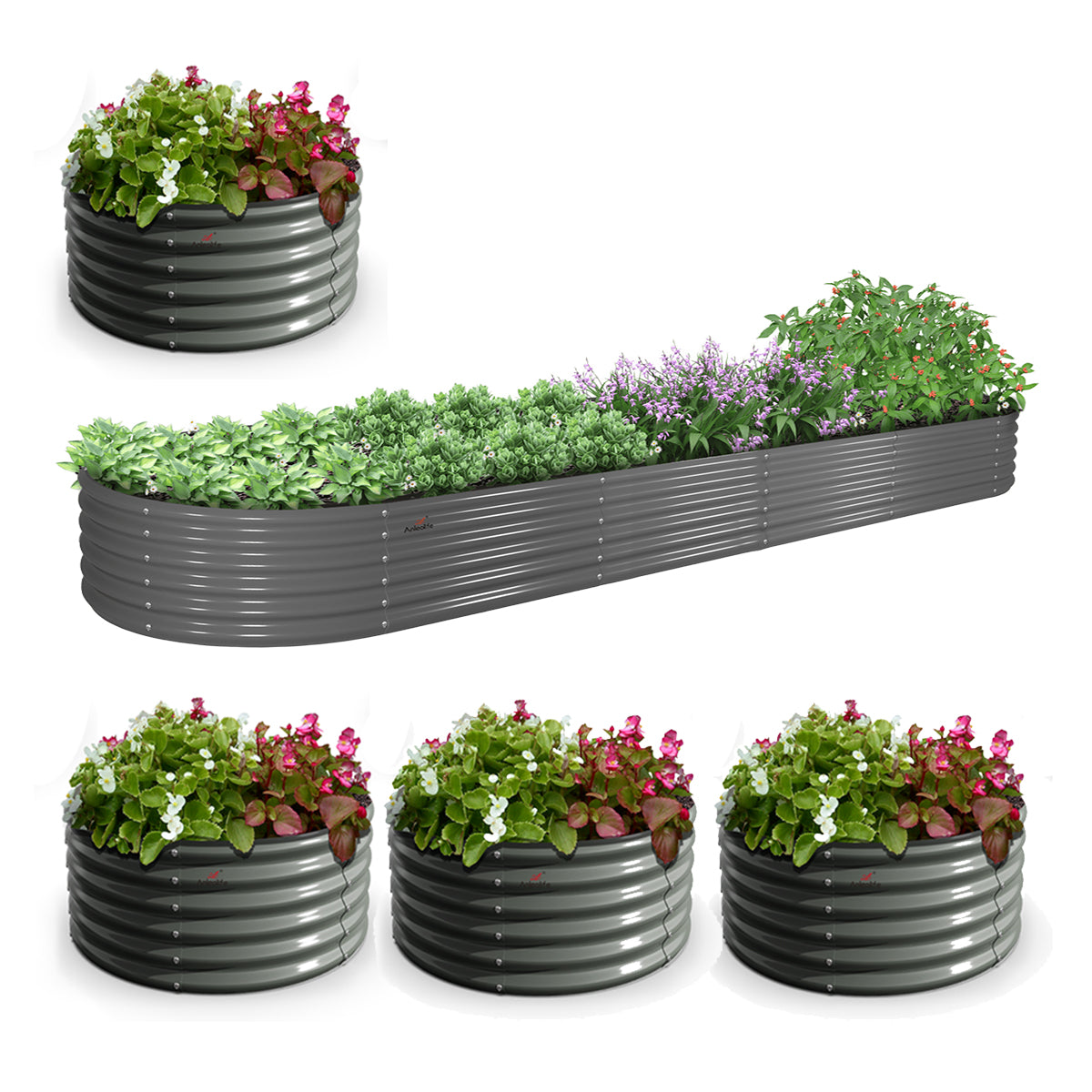 Set of 5: 12x3x1.5ft Oval and 4x1.5ft Round Modular Metal Raised Garden Beds