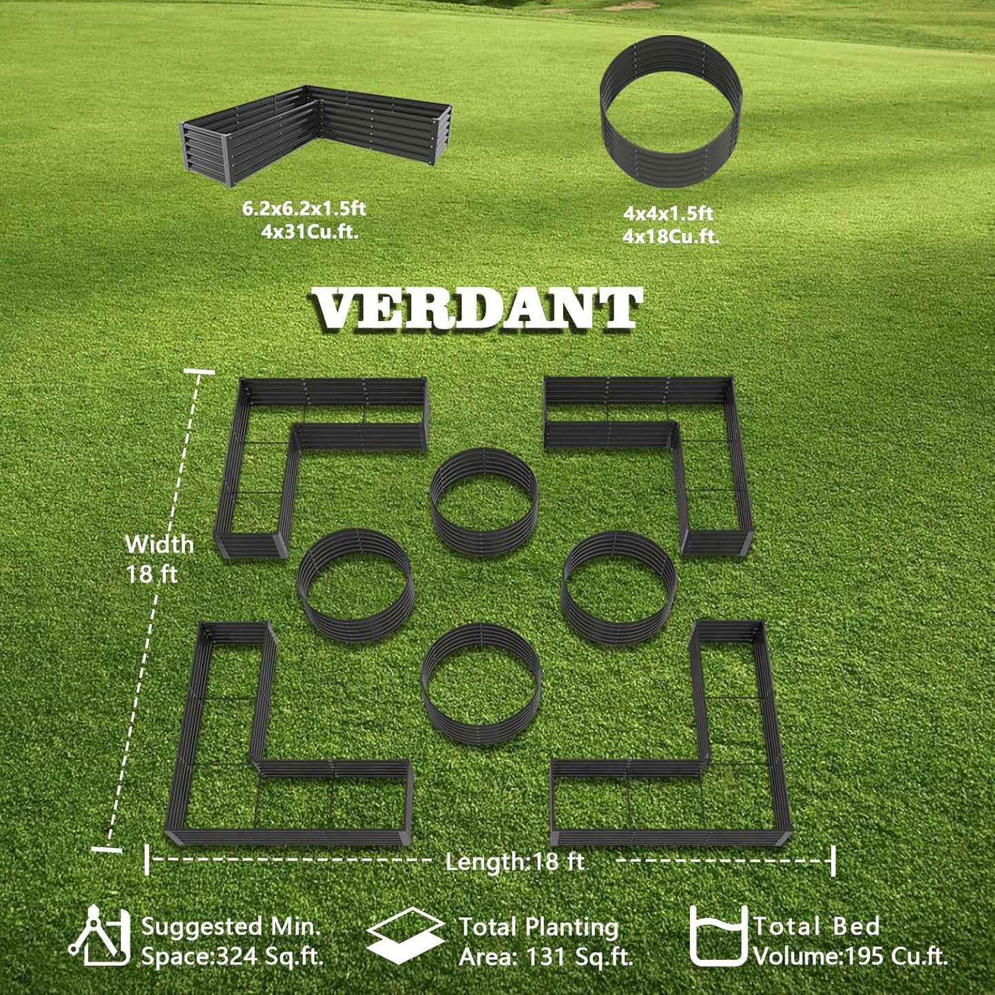 Set of 8: 48''x18'' & 74''x74''x18'' Metal Raised Garden Bed Layout (Gray/White)